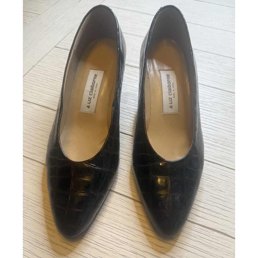 LIZ CLAIBORNE LADIES BROWN CROC EMBOSSED LEATHER‎ HEELS SIZE 7.5 M VINTAGE